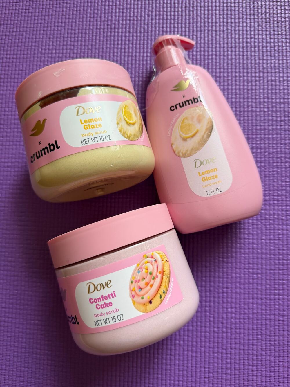 New Dove x Crumbl Lemon Glaze Confetti Cake Body Scrub Hand Wash 3pc Limited Ed